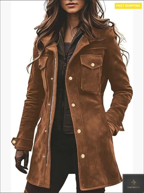 Jackets & Blazers - Retro Faux Suede Zip Up Military Utility Safari Jacket Midi Long Shacket